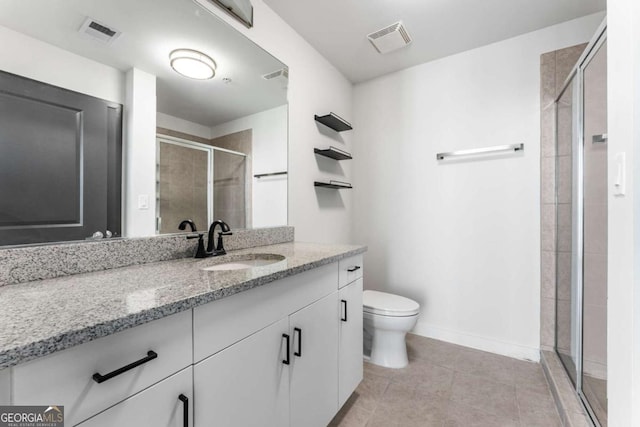 full bathroom with visible vents, toilet, a stall shower, and tile patterned floors