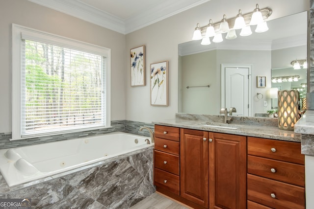 full bathroom with crown molding, vanity, a tub with jets, and a wealth of natural light