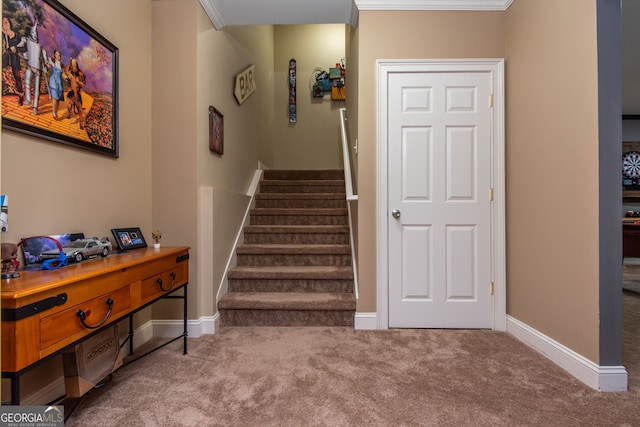 stairway featuring baseboards and carpet floors