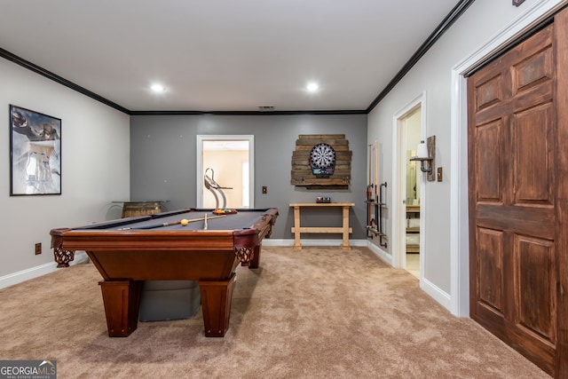 rec room featuring baseboards, billiards, light carpet, recessed lighting, and crown molding