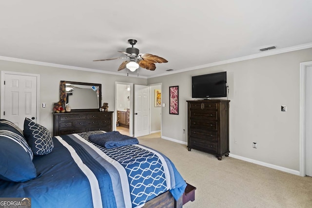 bedroom featuring baseboards, light carpet, crown molding, visible vents, and ceiling fan
