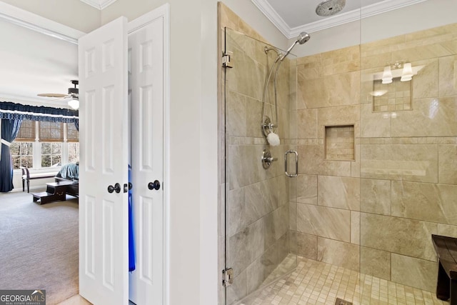 bathroom featuring crown molding, ceiling fan, ensuite bath, and a stall shower