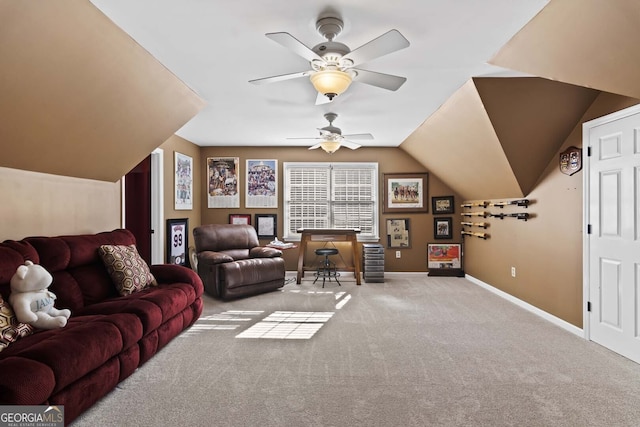 carpeted living room with baseboards, a ceiling fan, and vaulted ceiling