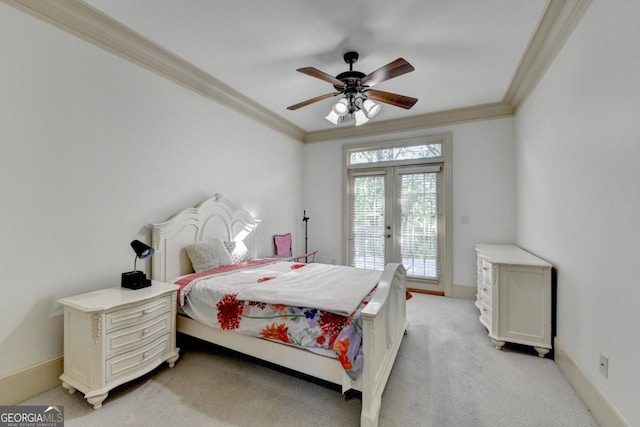 1806 Royal Troon Ct, Duluth, GA 30097 - bedroom with crown molding, access to exterior, light colored carpet, and a ceiling fan