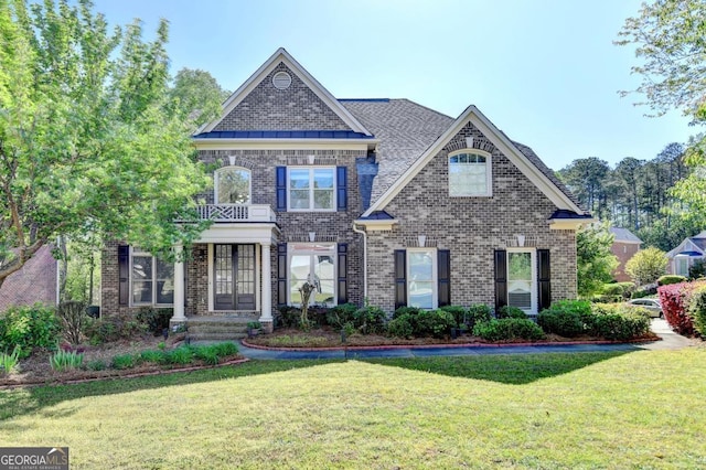 1806 Royal Troon Ct, Duluth, GA 30097 - view of front of home with brick siding, french doors, a front lawn, and a balcony