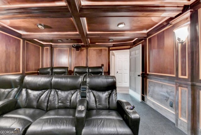 1806 Royal Troon Ct, Duluth, GA 30097 - carpeted cinema with wooden ceiling, a decorative wall, crown molding, and coffered ceiling