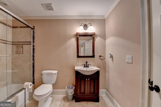 1806 Royal Troon Ct, Duluth, GA 30097 - bathroom with tile patterned flooring, a shower with shower door, vanity, and ornamental molding
