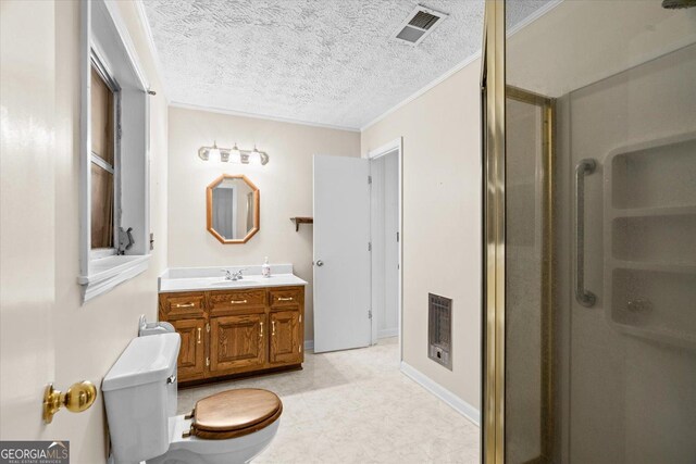 1070 Lovers Lane Rd SE, Calhoun, GA 30701 - full bath featuring vanity, a shower stall, toilet, a textured ceiling, and crown molding