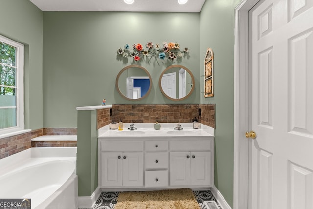 791 Thornwood Cir, Mount Airy, GA 30563 - full bath with a bath, double vanity, backsplash, and tile patterned flooring
