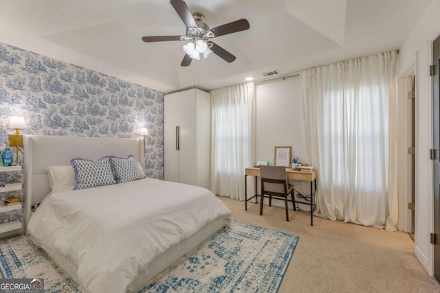 745 Abbotts Mill Ct, Duluth, GA 30097 - bedroom with light carpet, visible vents, and ceiling fan