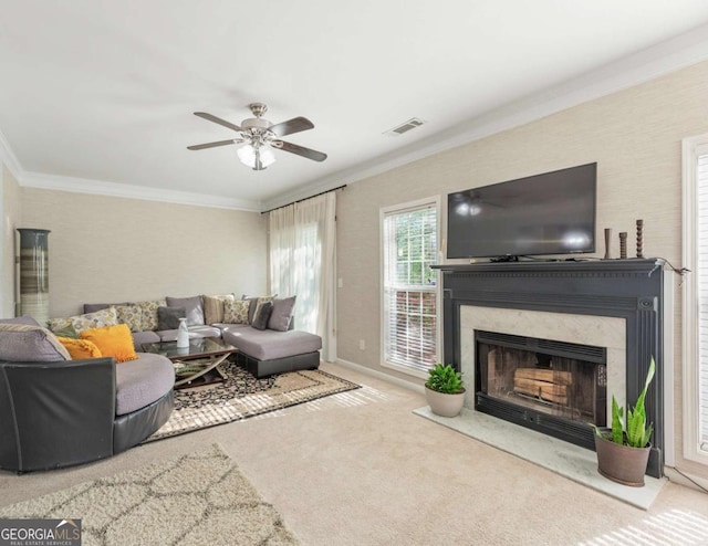 745 Abbotts Mill Ct, Duluth, GA 30097 - carpeted living area with a fireplace, visible vents, crown molding, and ceiling fan