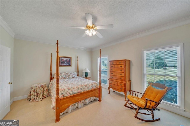 485 Fussell Rd, Leesburg, GA 31763 - bedroom with ornamental molding, ceiling fan, light colored carpet, and a textured ceiling