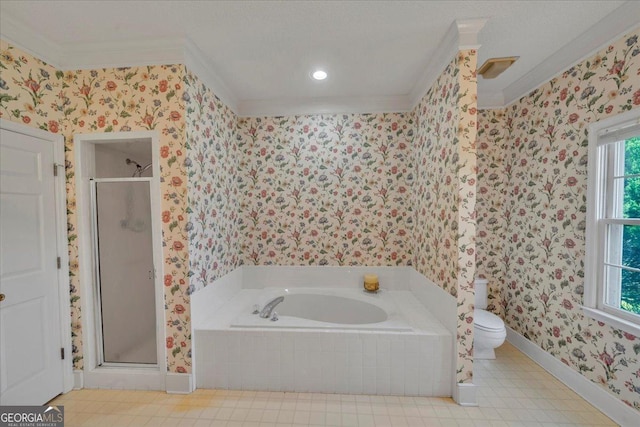 485 Fussell Rd, Leesburg, GA 31763 - bathroom featuring a bath, baseboards, ornamental molding, wallpapered walls, and a stall shower