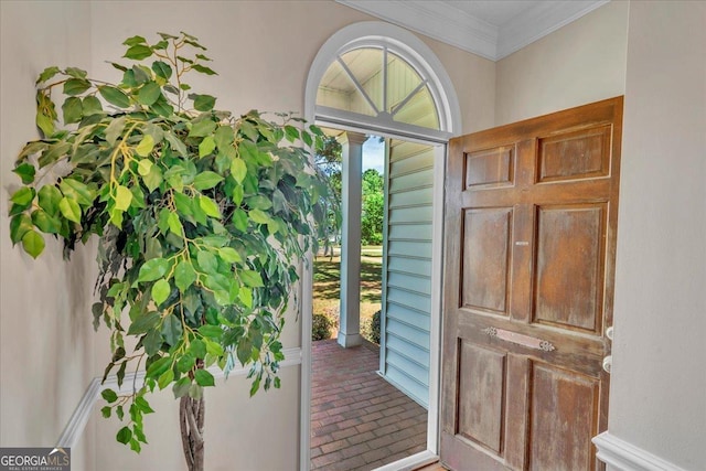 485 Fussell Rd, Leesburg, GA 31763 - doorway to outside with brick floor and crown molding