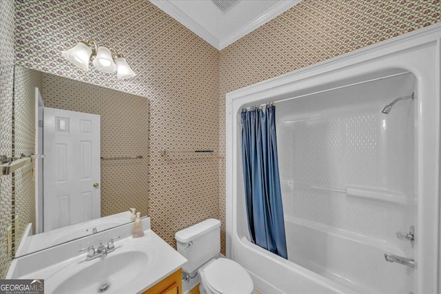 485 Fussell Rd, Leesburg, GA 31763 - bathroom featuring shower / tub combo, vanity, ornamental molding, and toilet