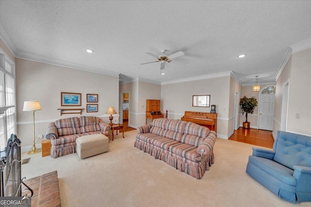 485 Fussell Rd, Leesburg, GA 31763 - carpeted living room with baseboards, recessed lighting, a textured ceiling, crown molding, and ceiling fan