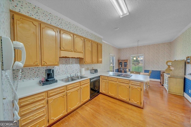 485 Fussell Rd, Leesburg, GA 31763 - kitchen featuring a sink, light wood-type flooring, a textured ceiling, black appliances, and wallpapered walls