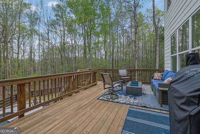 123 Townsend Pass, Alpharetta, GA 30004 - deck with an outdoor hangout area, a forest view, and grilling area