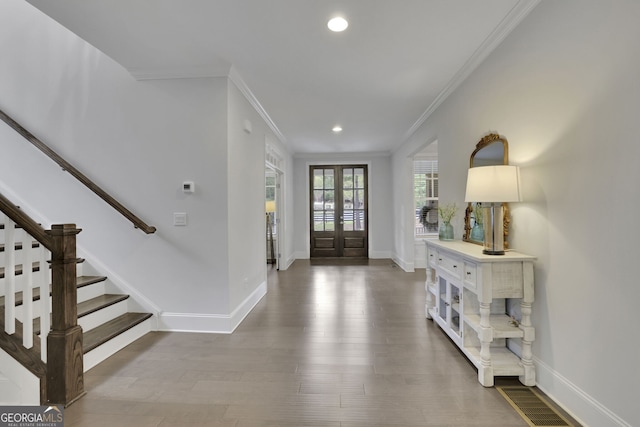 123 Townsend Pass, Alpharetta, GA 30004 - entryway with ornamental molding, recessed lighting, french doors, stairway, and wood finished floors