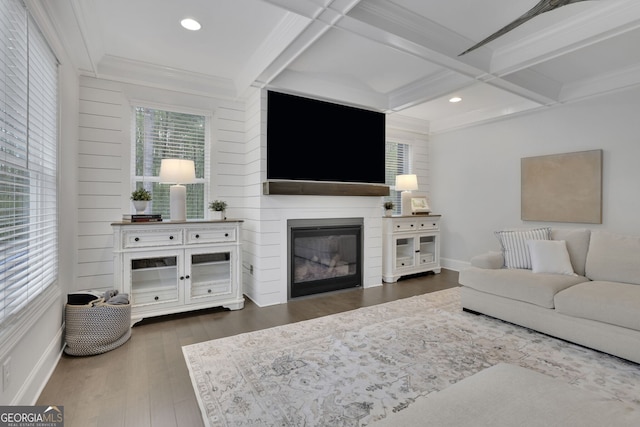 123 Townsend Pass, Alpharetta, GA 30004 - living area with wood finished floors, beamed ceiling, coffered ceiling, crown molding, and recessed lighting