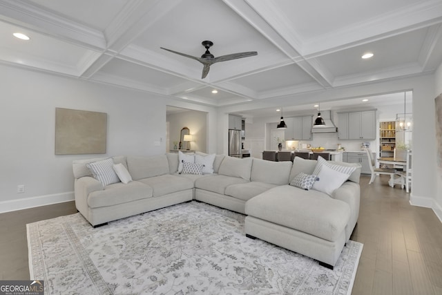 123 Townsend Pass, Alpharetta, GA 30004 - living area with coffered ceiling, ceiling fan, beam ceiling, recessed lighting, and dark wood-type flooring