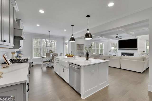 123 Townsend Pass, Alpharetta, GA 30004 - kitchen featuring stainless steel dishwasher, recessed lighting, a ceiling fan, plenty of natural light, and wood finished floors