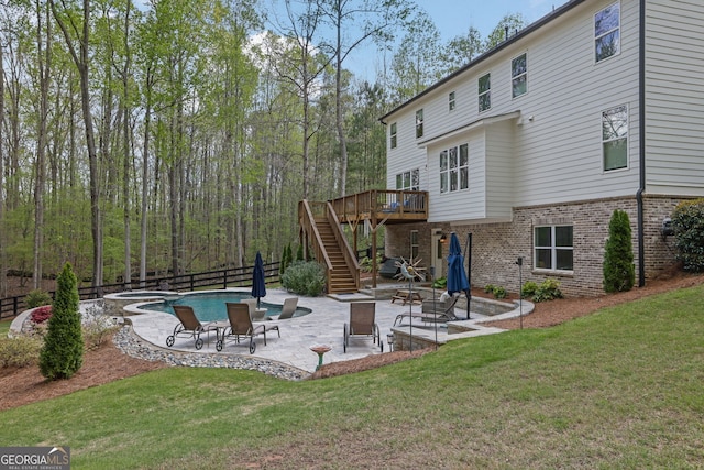 123 Townsend Pass, Alpharetta, GA 30004 - rear view of house featuring stairs, a wooden deck, brick siding, a fenced backyard, and a patio area