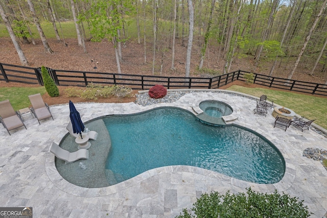 123 Townsend Pass, Alpharetta, GA 30004 - view of pool with a fire pit, a fenced backyard, a patio, and a pool with connected hot tub