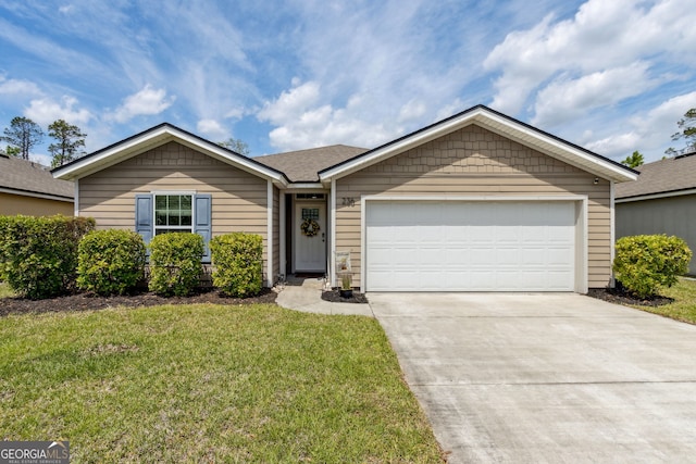 ranch-style home with a front yard, a garage, and driveway