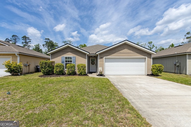 ranch-style house with concrete driveway, a front yard, and a garage