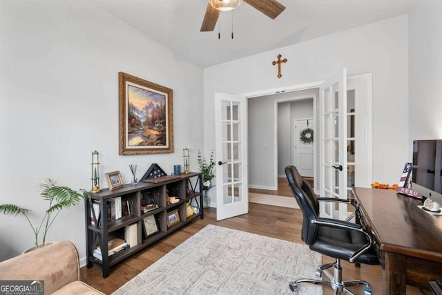 office space with french doors, wood finished floors, baseboards, and a ceiling fan