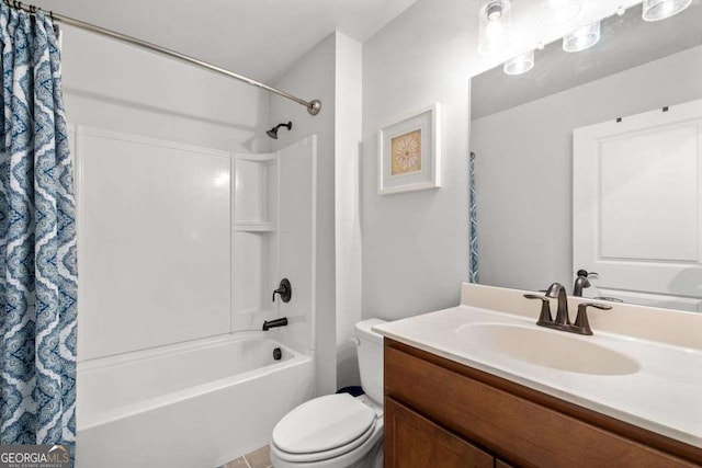 full bath featuring shower / bathtub combination with curtain, vanity, and toilet