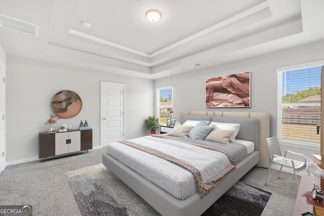 bedroom with visible vents, baseboards, a raised ceiling, and carpet