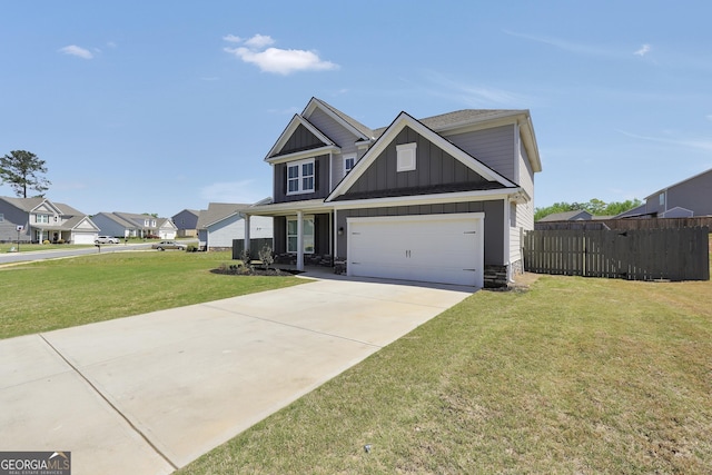 craftsman inspired home with a front yard, stone siding, board and batten siding, fence, and concrete driveway