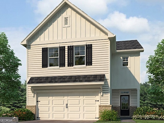 craftsman house featuring roof with shingles, board and batten siding, a garage, and driveway