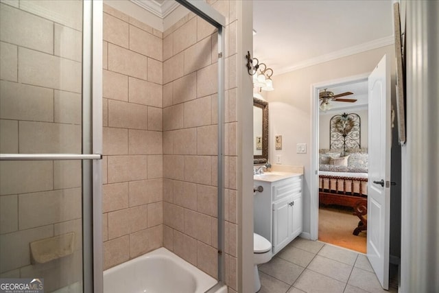 full bath with tile patterned floors, toilet, ensuite bathroom, crown molding, and vanity