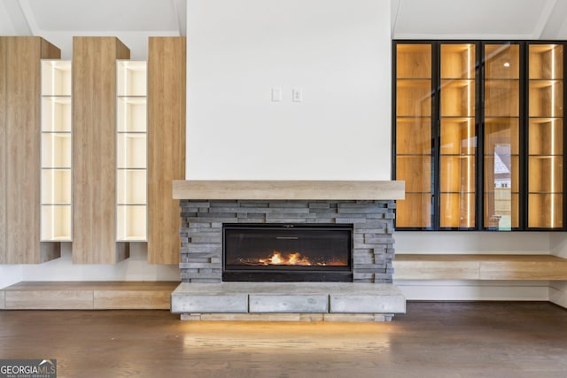 room details featuring wood finished floors and a fireplace