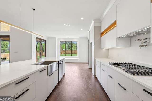 kitchen with a sink, white cabinetry, visible vents, and stainless steel appliances