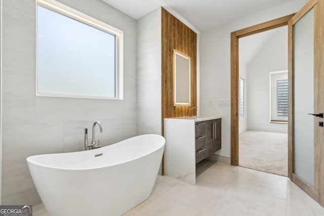 bathroom featuring a soaking tub, vanity, and a healthy amount of sunlight