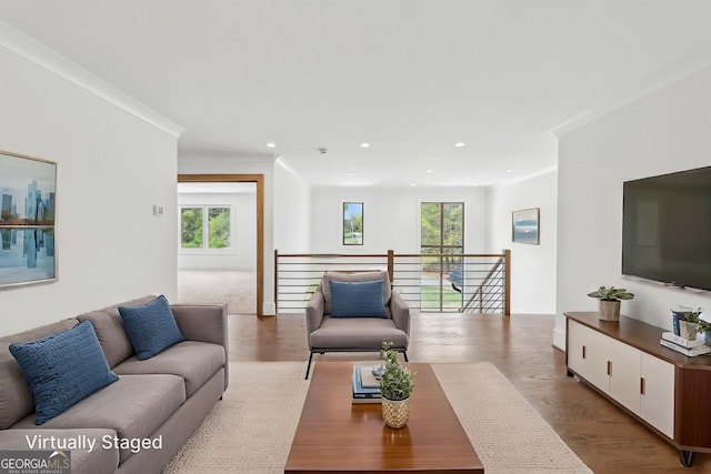 living room with crown molding, wood finished floors, and recessed lighting