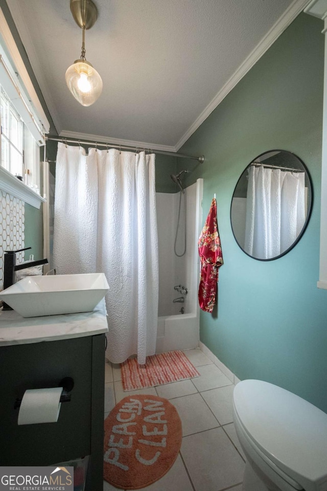 378 Beechwood Dr, Athens, GA 30606 - bathroom with ornamental molding, toilet, shower / bathtub combination with curtain, vanity, and tile patterned floors