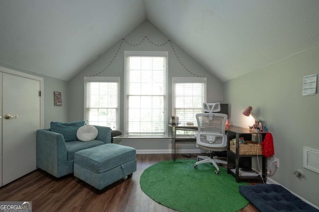 378 Beechwood Dr, Athens, GA 30606 - office with visible vents, baseboards, vaulted ceiling, and wood finished floors