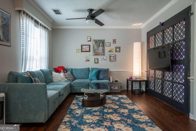 378 Beechwood Dr, Athens, GA 30606 - living room with crown molding, ceiling fan, a textured ceiling, visible vents, and wood finished floors