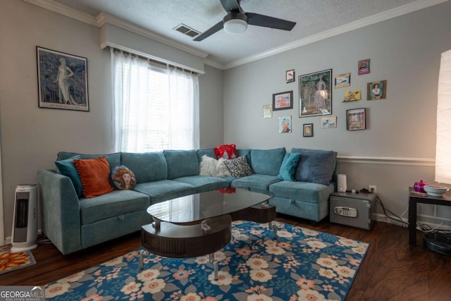 378 Beechwood Dr, Athens, GA 30606 - living room with visible vents, ornamental molding, a ceiling fan, a textured ceiling, and wood finished floors