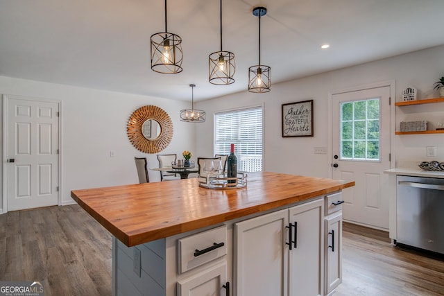 61 Meadowbrook Ln, Carrollton, GA 30117 - kitchen featuring wood counters, dishwasher, wood finished floors, open shelves, and white cabinetry