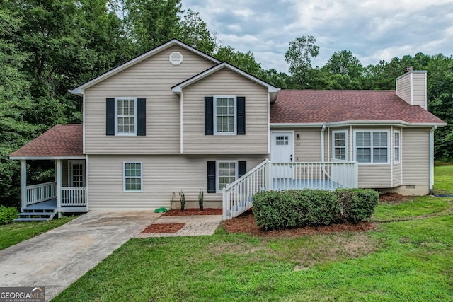 61 Meadowbrook Ln, Carrollton, GA 30117 - tri-level home with a front lawn, a chimney, a shingled roof, covered porch, and crawl space