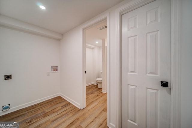 61 Meadowbrook Ln, Carrollton, GA 30117 - laundry area featuring electric dryer hookup, hookup for a washing machine, light wood-type flooring, and recessed lighting