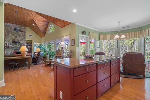 kitchen with light wood-style floors, recessed lighting, wooden ceiling, open floor plan, and red cabinetry