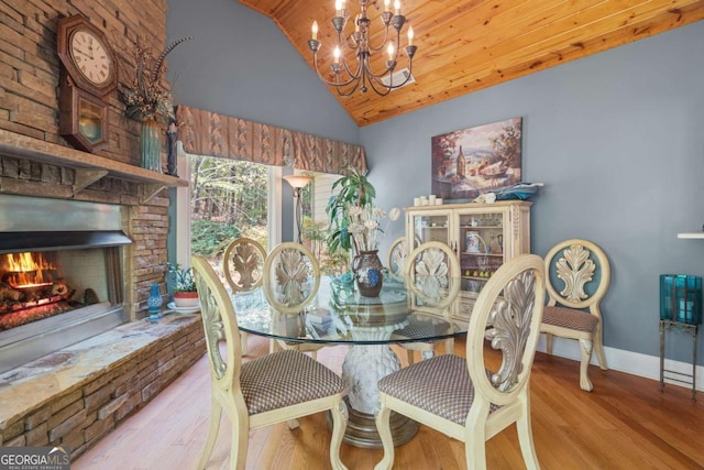 dining room with high vaulted ceiling, an inviting chandelier, wood finished floors, and wood ceiling