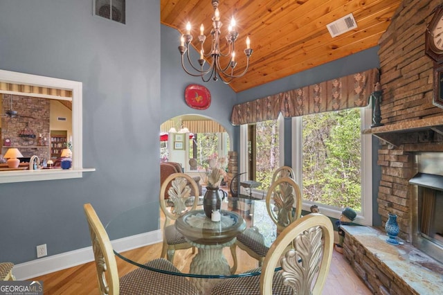 dining space with visible vents, high vaulted ceiling, wooden ceiling, and an inviting chandelier